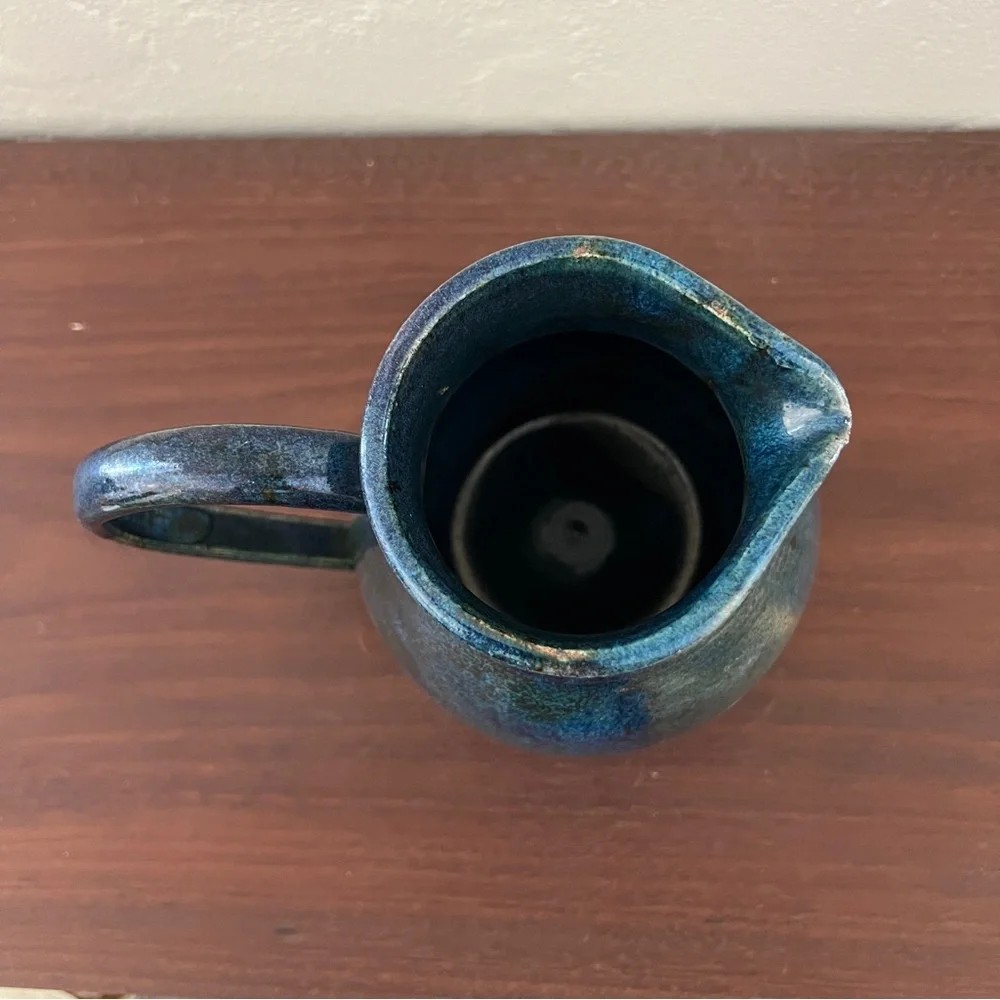Mid century signed Wabi sabi studio pottery blue green stoneware pitcher vase